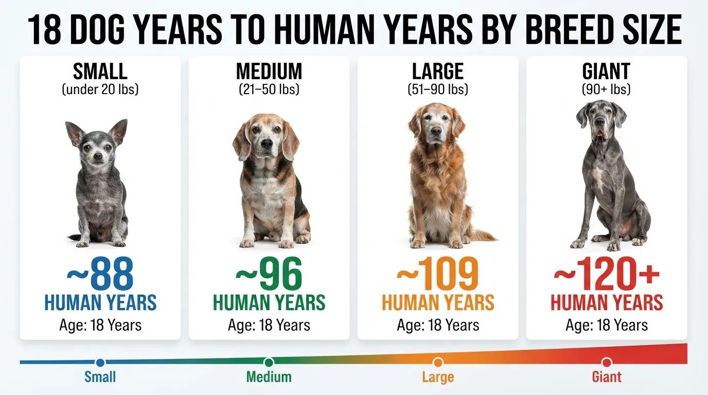 Comparison chart showing 18 dog years converted to human years for small, medium, large, and giant dog breeds.