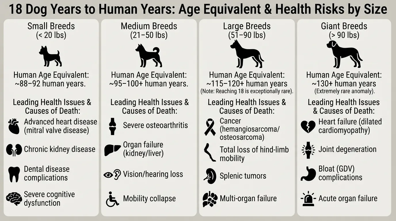 A detailed health chart comparing an 18-year-old dog in human years across small, medium, large, and giant breeds, highlighting size-specific common health issues and leading causes of death.