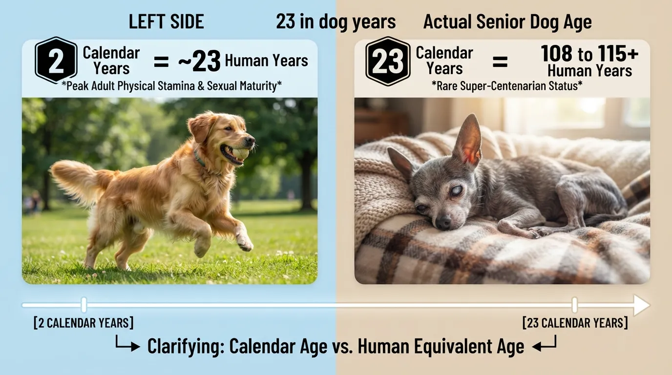 Split comparison diagram showing a 2-year-old young adult dog equivalent to a 23-year-old human next to an extreme senior 23-calendar-year-old dog equivalent to 108 human years.