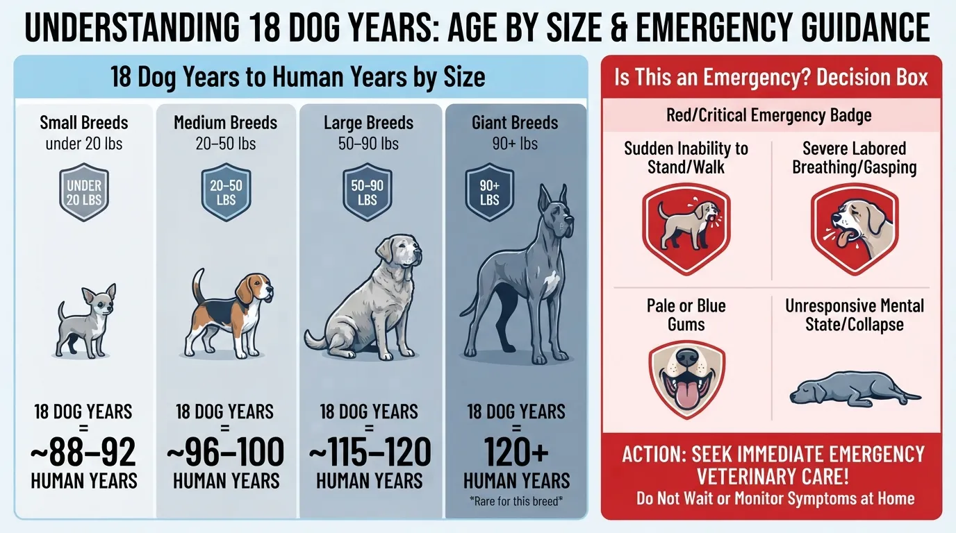 Comparison chart converting 18 dog years to human years across small, medium, large, and giant dog breeds.