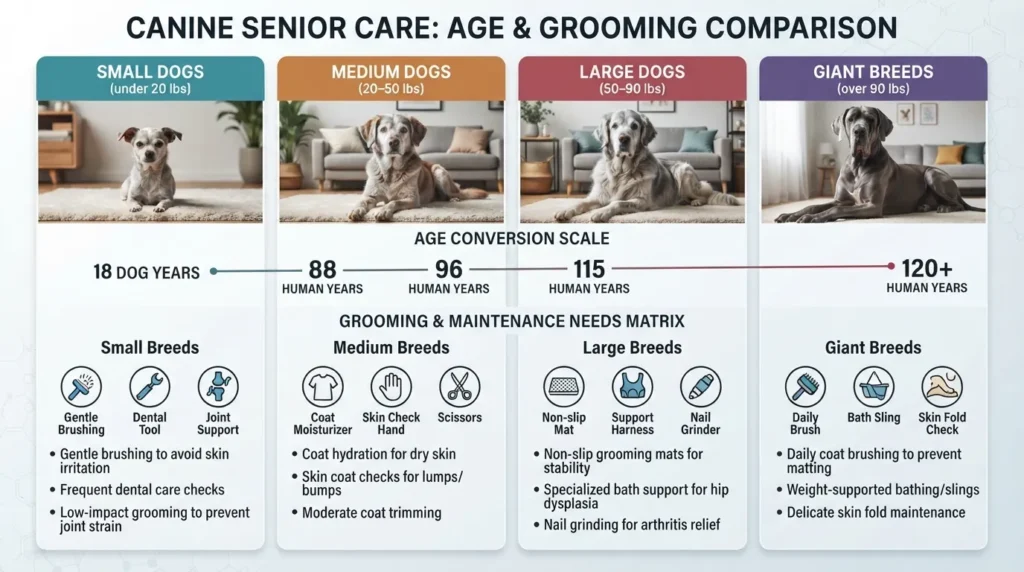 Infographic chart comparing dog years to human years across small, medium, large, and giant dog breeds, showing age calculations at 18 dog years.