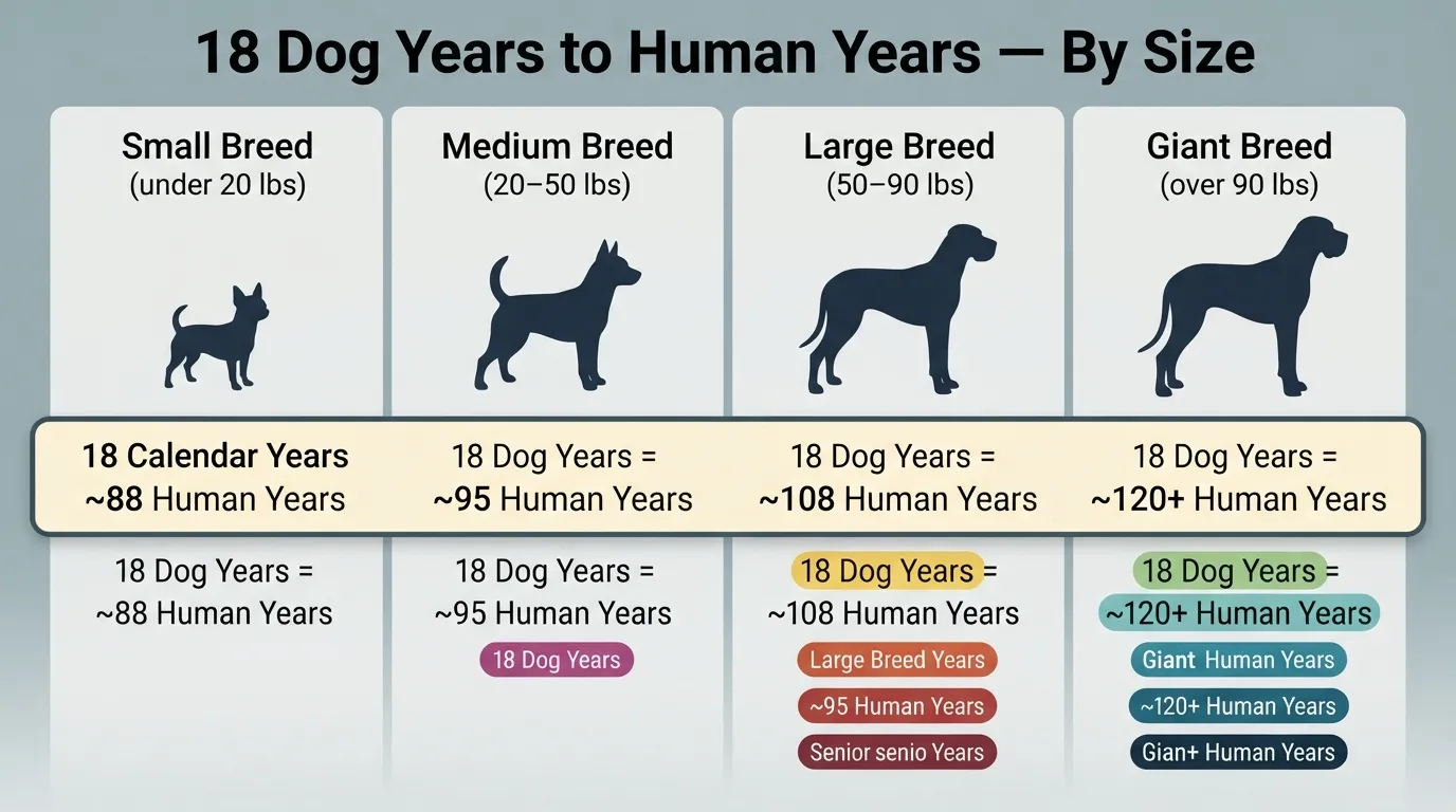 Infographic chart comparing 18 dog years to human years across small, medium, large, and giant dog breeds.