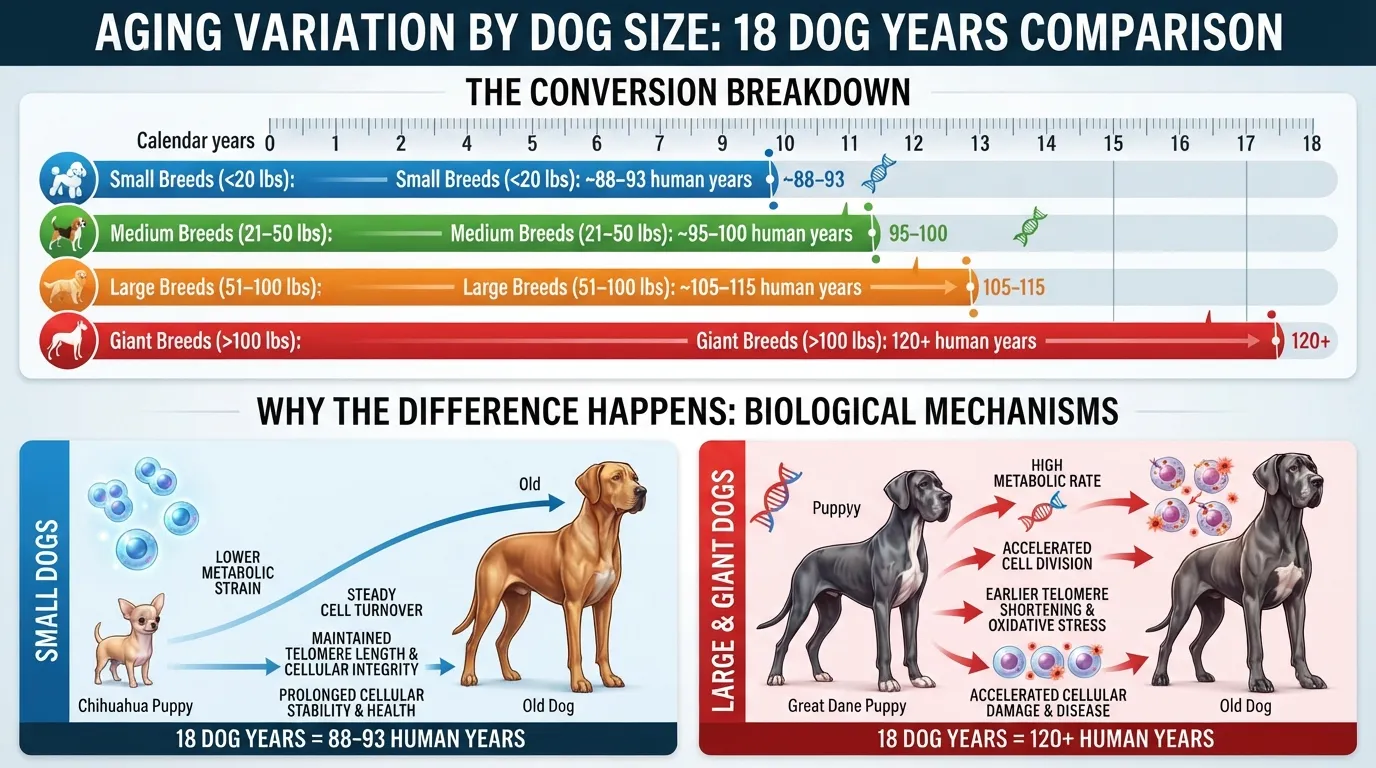 Comparison chart showing how 18 dog years convert to human years across small, medium, large, and giant dog breeds based on cellular aging rates.