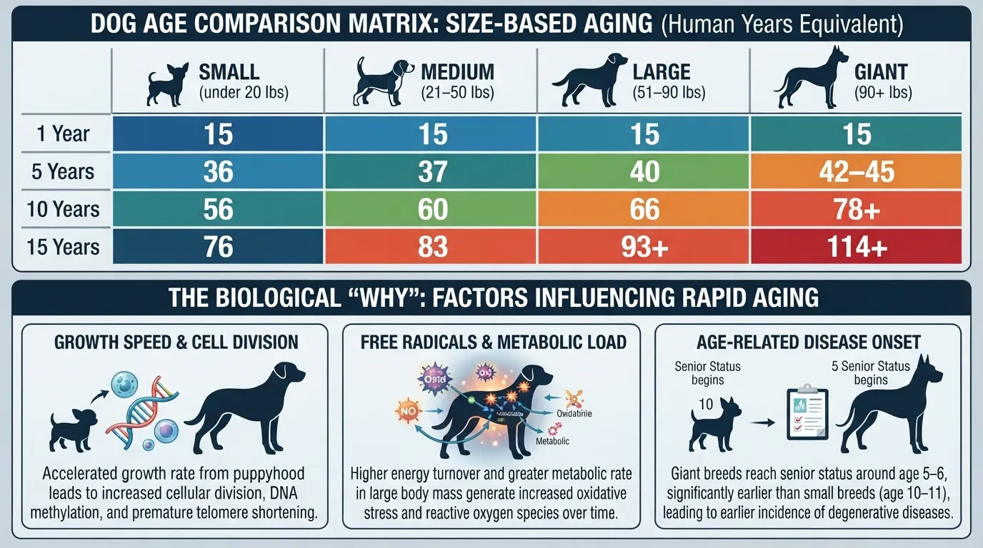Comparative visual chart showing dog age vs. human age by size category, explaining why small dogs age slower and live longer than giant breeds.