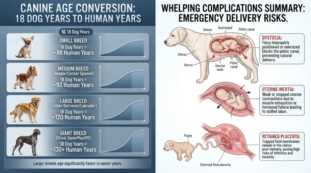 Comparison chart showing 18 dog years in human years by dog size alongside key whelping complications including dystocia, uterine inertia, and retained placenta.