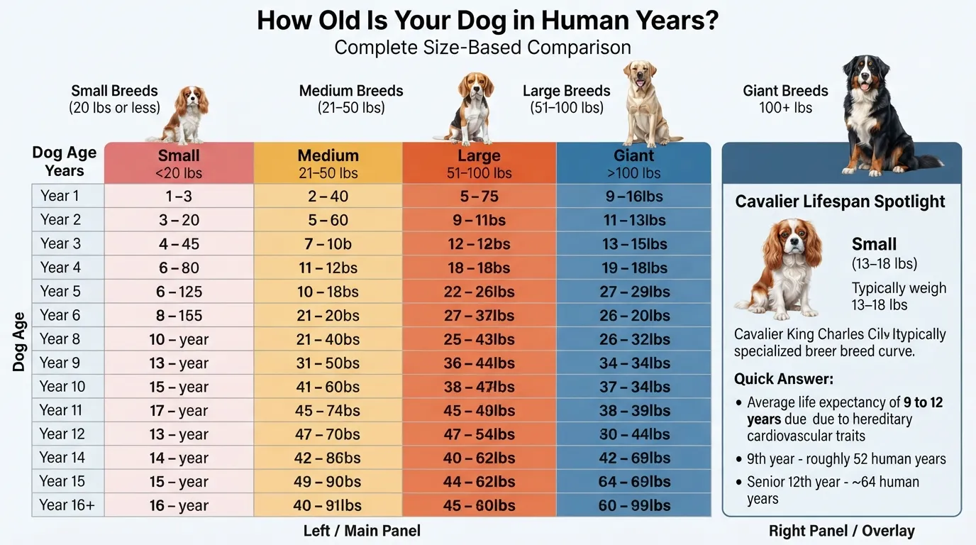 A comprehensive dog years to human years conversion chart comparing aging rates across small, medium, large, and giant dog sizes, with a highlighted visual callout specifically detailing the average lifespan stages of a Cavalier King King Charles Spaniel.