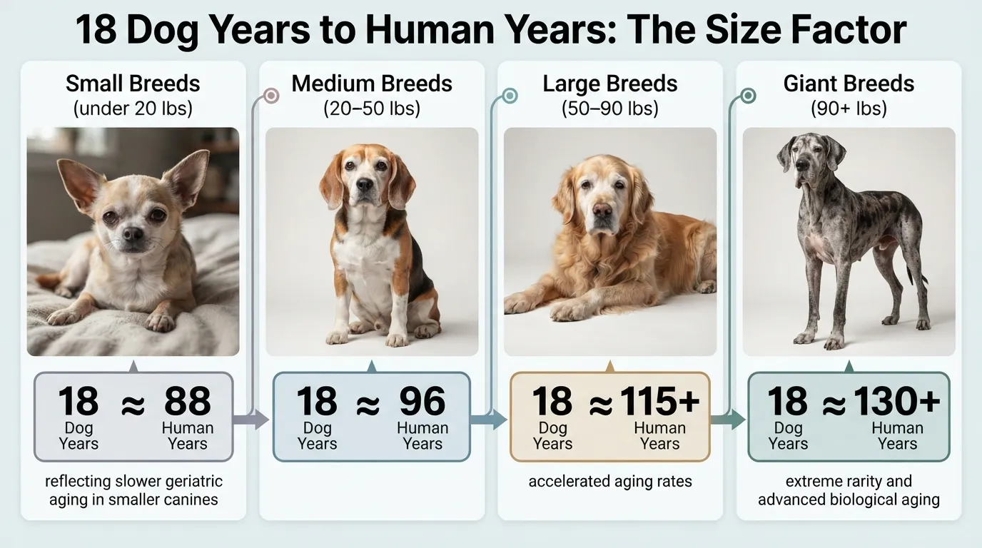 Comparative conversion chart showing 18 dog years in human years categorized by small, medium, large, and giant dog breeds.