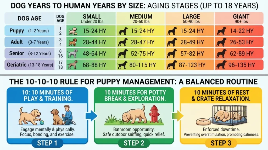 Infographic chart comparing dog years to human years across small, medium, large, and giant breeds alongside a visual breakdown of the 10-10-10 rule for puppies.