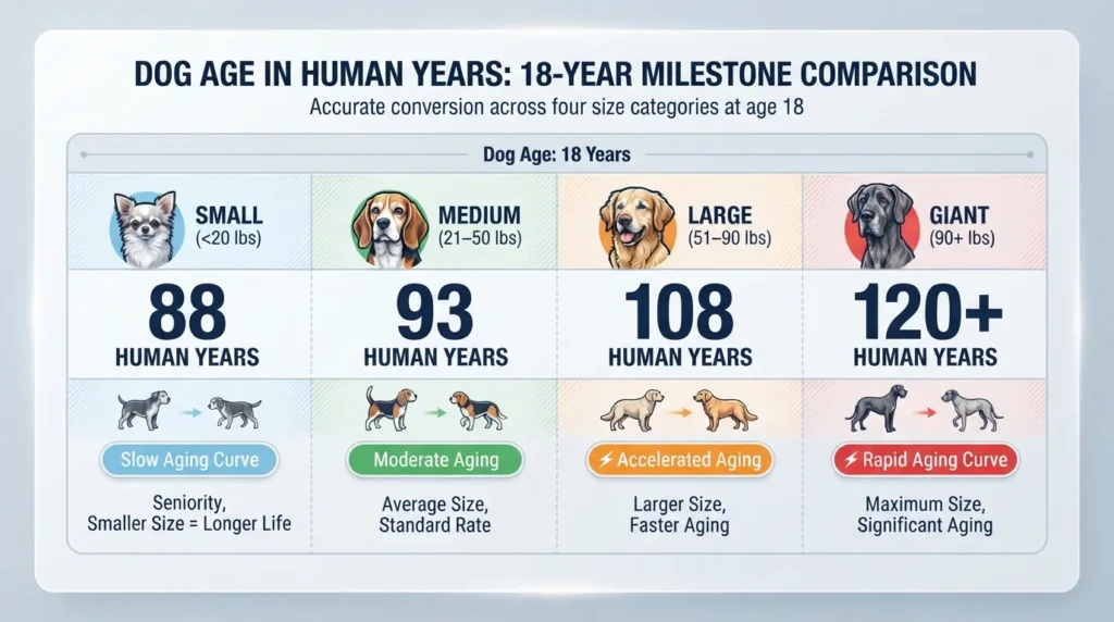 Comparison chart showing 18 dog years in human years categorized by small, medium, large, and giant dog breed sizes.