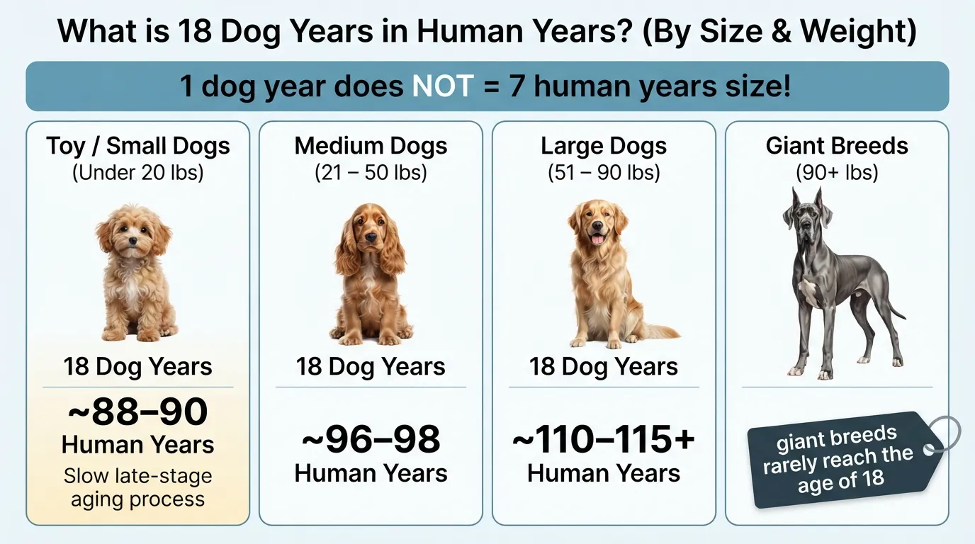 Infographic chart comparing an 18-year-old dog’s equivalent age in human years across four weight categories: Toy, Small, Medium, and Large breed dogs.