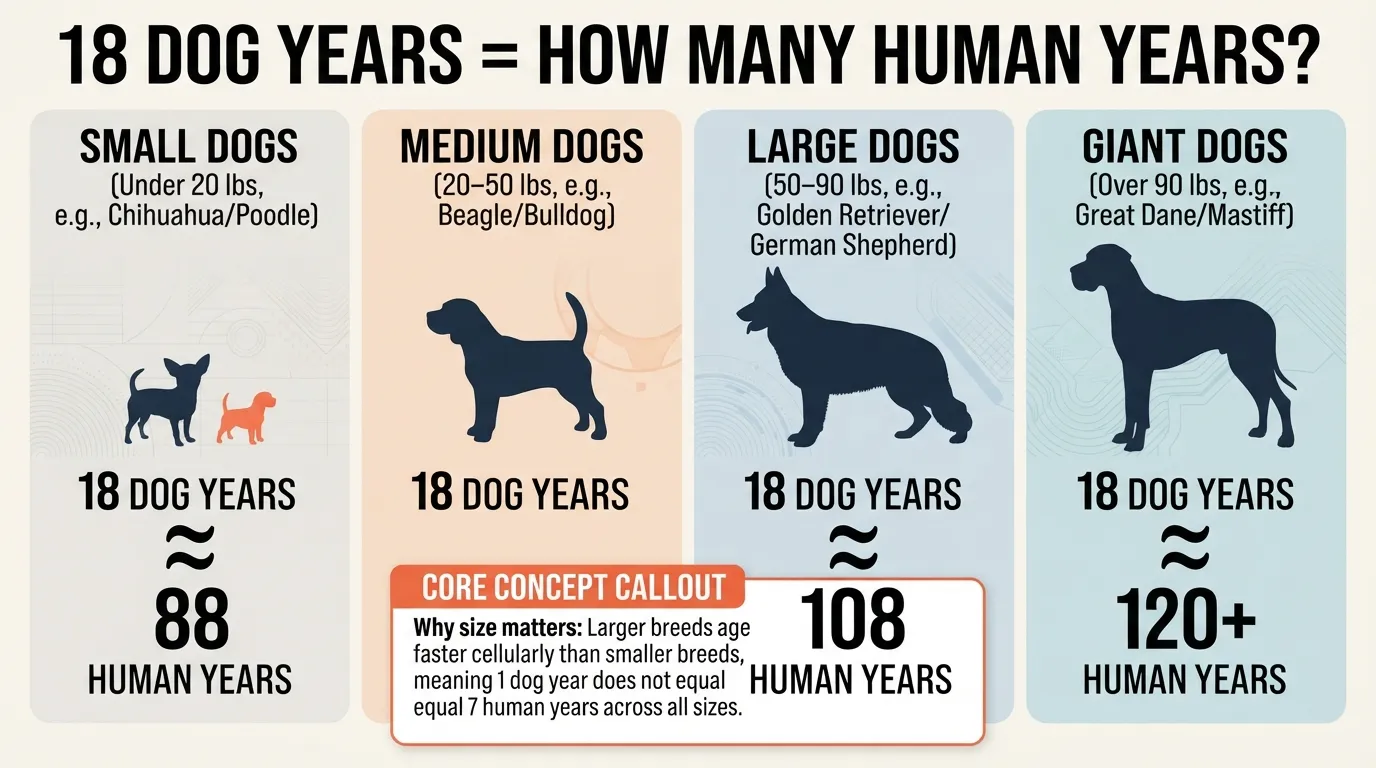Comparison chart showing how 18 dog years convert to human years across small, medium, large, and giant dog breeds.