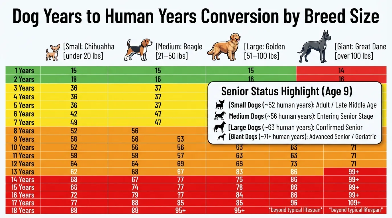 Dog age chart comparing 18 dog years to human years across small, medium, large, and giant dog breeds, highlighting when dogs reach senior status at 9 years old.