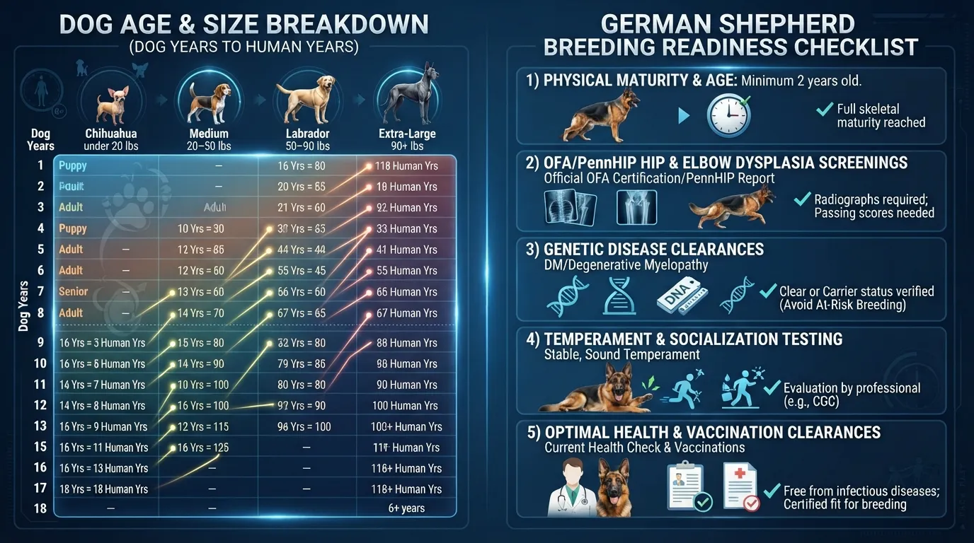 Infographic showing a dog years to human years conversion chart by breed size alongside a step-by-step readiness checklist for breeding German Shepherds.