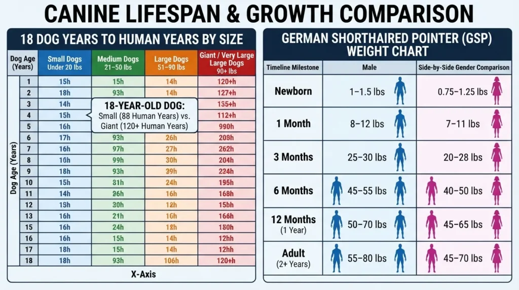 Comprehensive dog age and weight visual guide featuring a size-based 18 dog years to human years conversion chart alongside a German Shorthaired Pointer (GSP) male and female growth progression scale from newborn to adult.