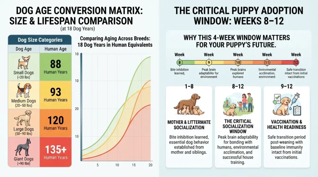 A comprehensive comparison chart showing how 18 dog years convert to human years by breed size (small, medium, large, giant), alongside an illustration highlighting the 8 to 12-week ideal age window for bringing a puppy home.