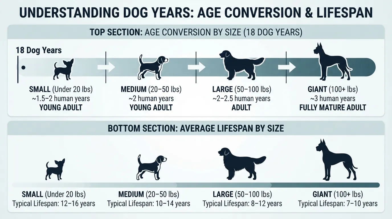 A detailed infographic chart comparing 18 dog years to human years across small, medium, large, and giant breeds, alongside a practical checklist for renaming a 2-year-old dog.