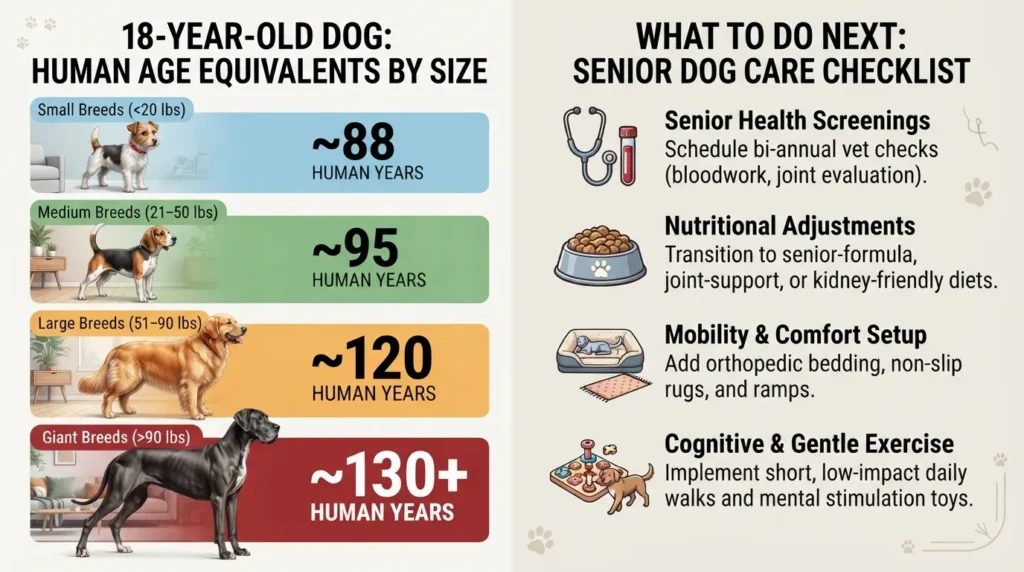 Comprehensive comparison chart converting 18 dog years to human years across small, medium, large, and giant dog breeds, paired with a post-calculation health action checklist.