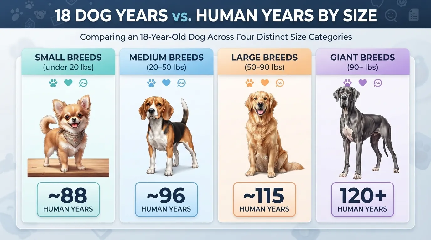 A dog age comparison chart showing 18 dog years converted to human years across small, medium, large, and giant breeds alongside adult dog visual projections.