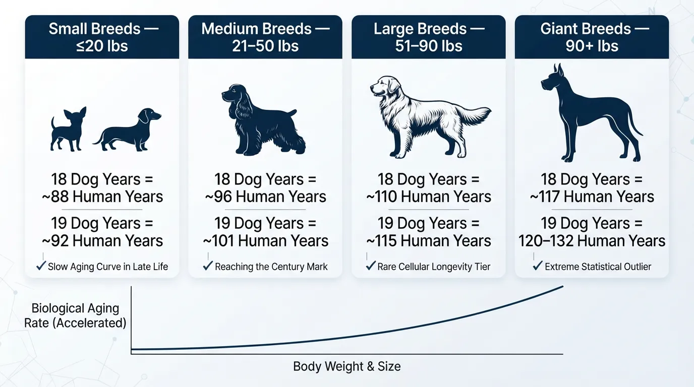 Infographic comparing 18 and 19 dog years to equivalent human ages across small, medium, large, and giant dog breed size categories.