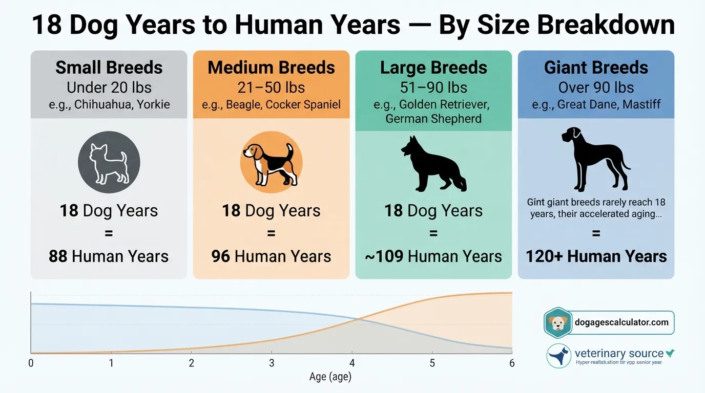 Infographic chart comparing an 18-year-old dog's age in human years across small, medium, large, and giant breed size categories.