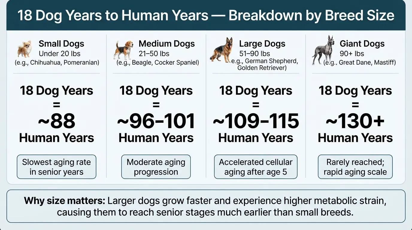 Infographic chart converting 18 dog years to human years categorized by small, medium, large, and giant breed sizes, showing small dogs at 88 human years and large dogs over 100 human years.