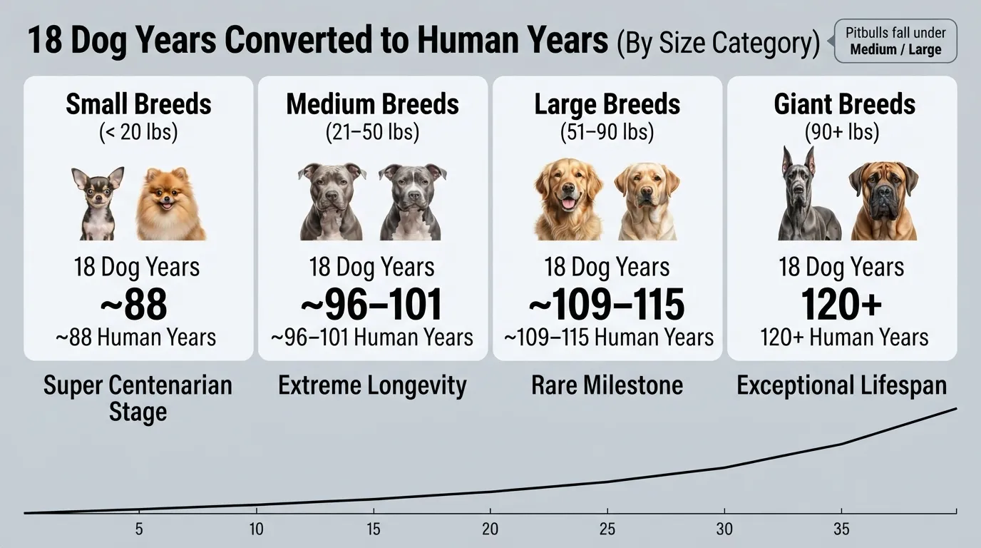 Comparison chart showing an 18-year-old dog converted to human years across small, medium, large, and giant breeds.