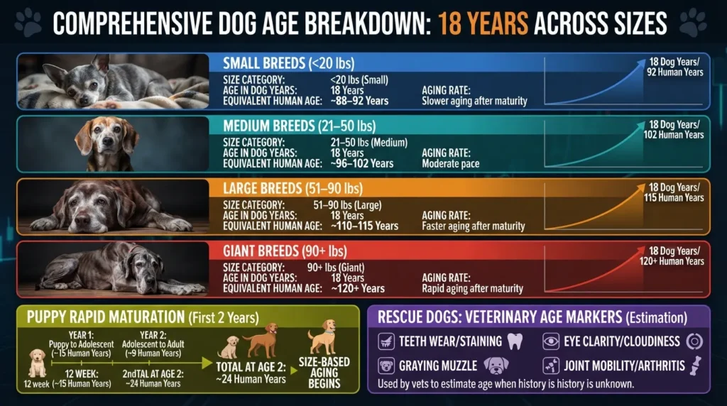 Comparison chart showing 18 dog years in human years for small, medium, large, and giant breeds, with notes on puppy growth rate and rescue dog age estimation.