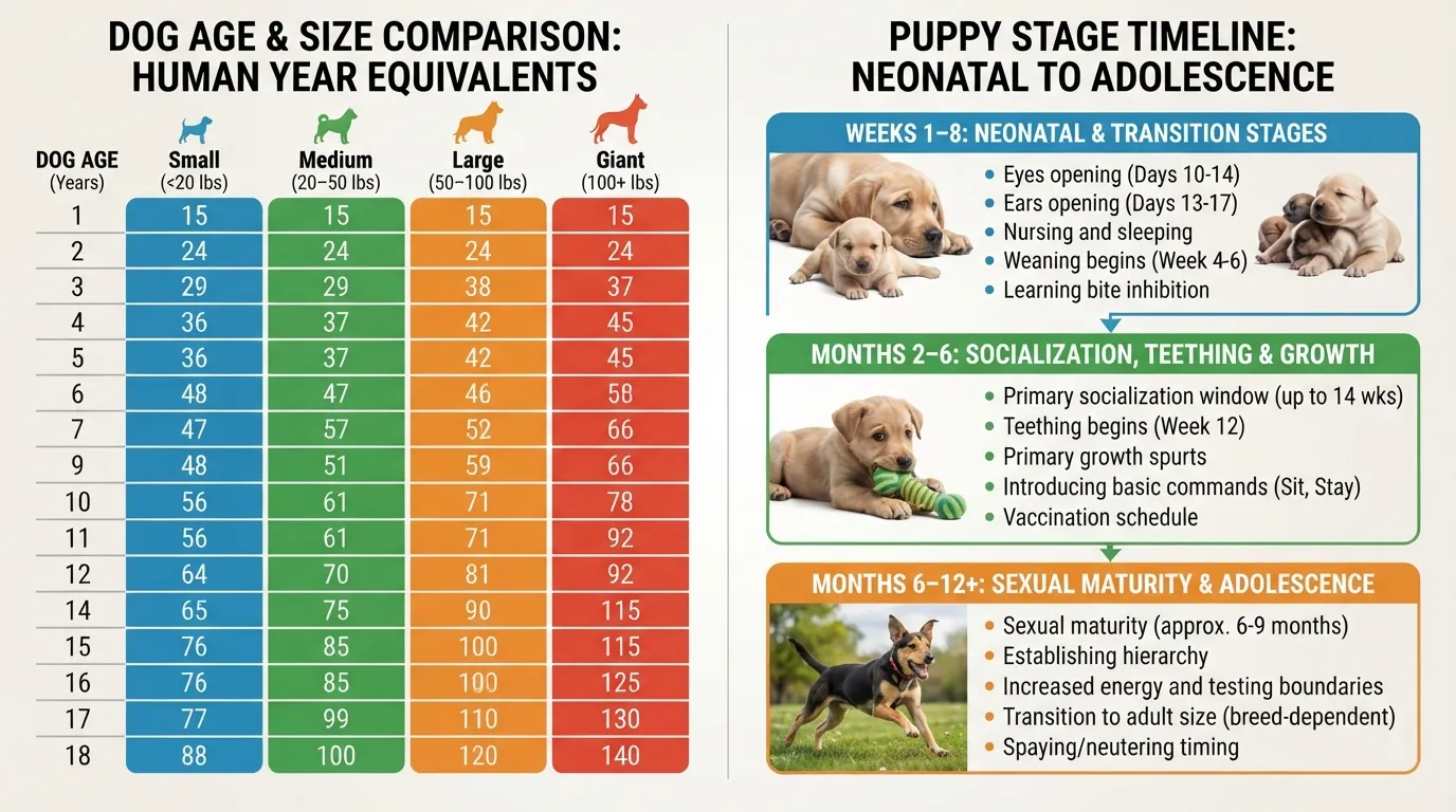 Comprehensive chart mapping 18 dog years to human years categorized by small, medium, large, and giant breeds, alongside a week-by-week and month-by-month puppy development timeline.