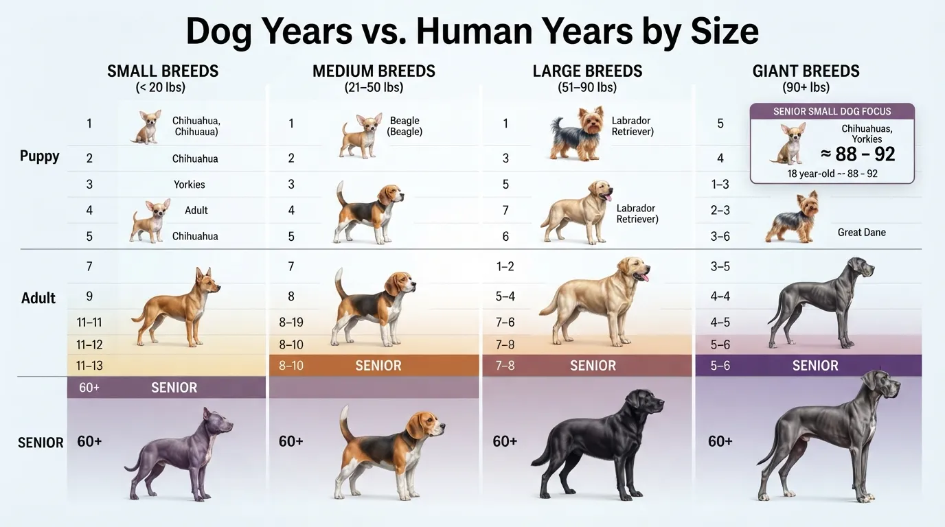 Chart comparing dog age to human age by breed size, highlighting when small, medium, large, and giant dogs reach senior status.