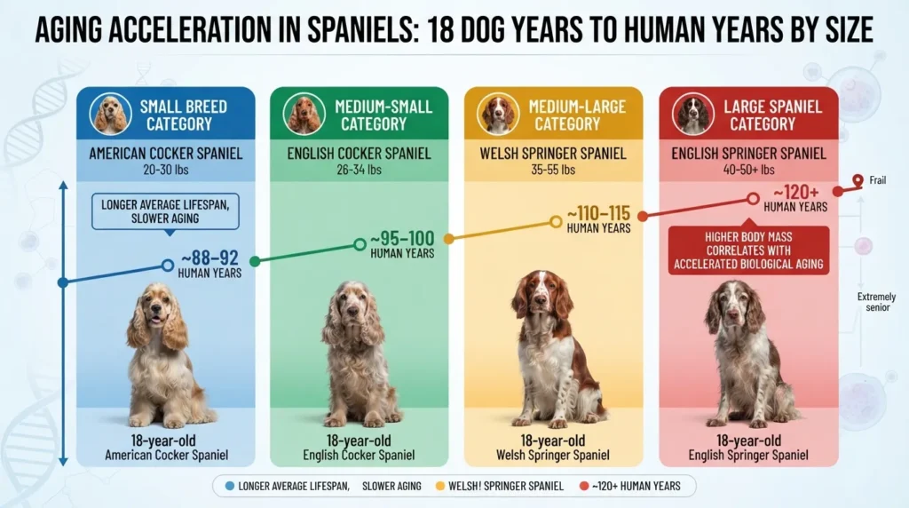 Comparison chart showing 18 dog years to human years by dog size, featuring English vs American Cocker Spaniel and English vs Welsh Springer Spaniel size categories.