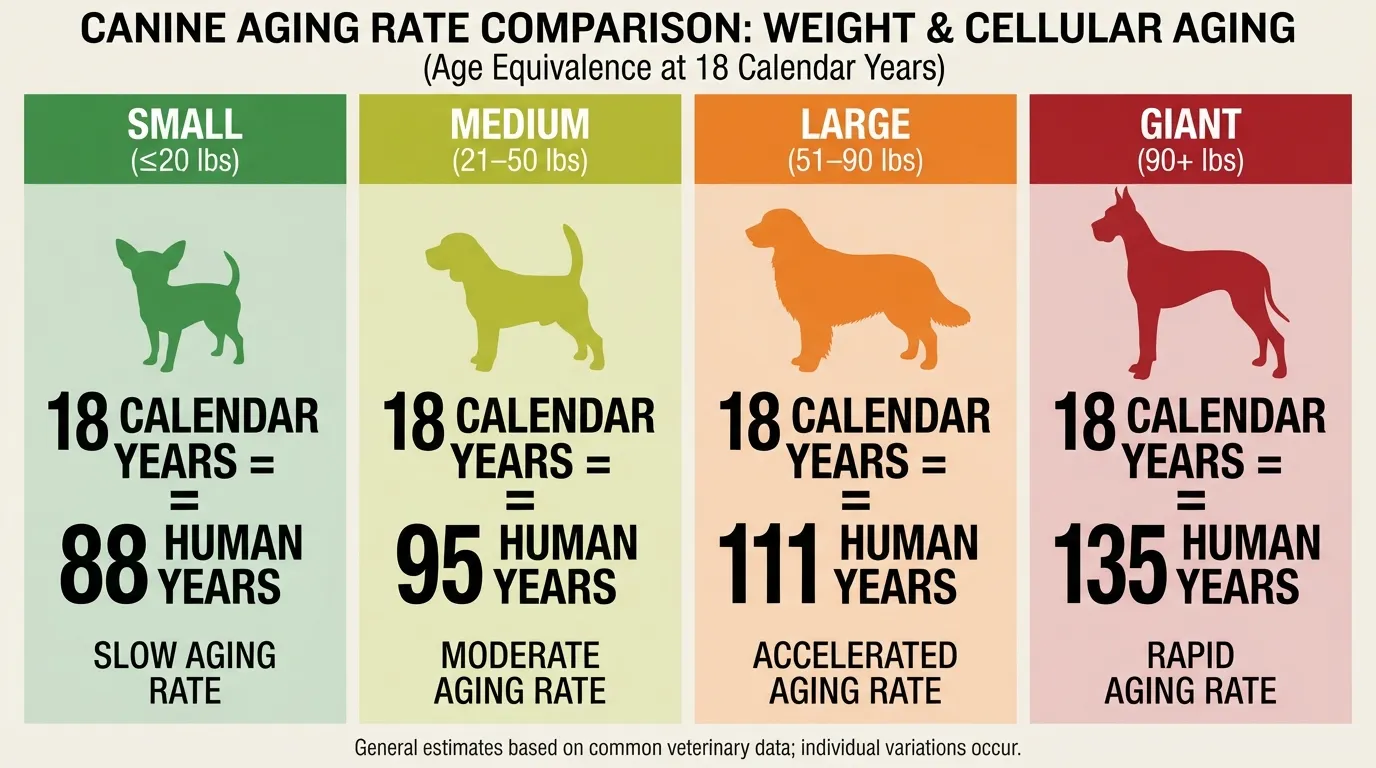 Infographic chart comparing 18 dog years to equivalent human age across small, medium, large, and giant dog breed weight classes.
