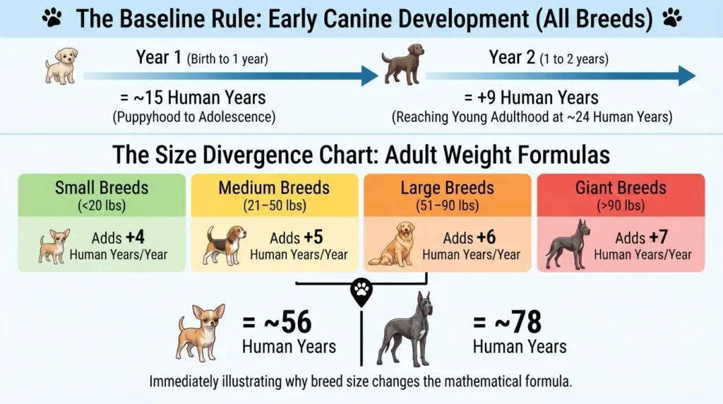 Comprehensive dog years to human years conversion infographic comparing aging rates across small, medium, large, and giant dog breeds.