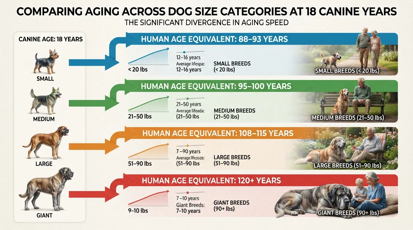 Comparison chart showing how 18 dog years convert to human years for small, medium, large, and giant dog breeds.