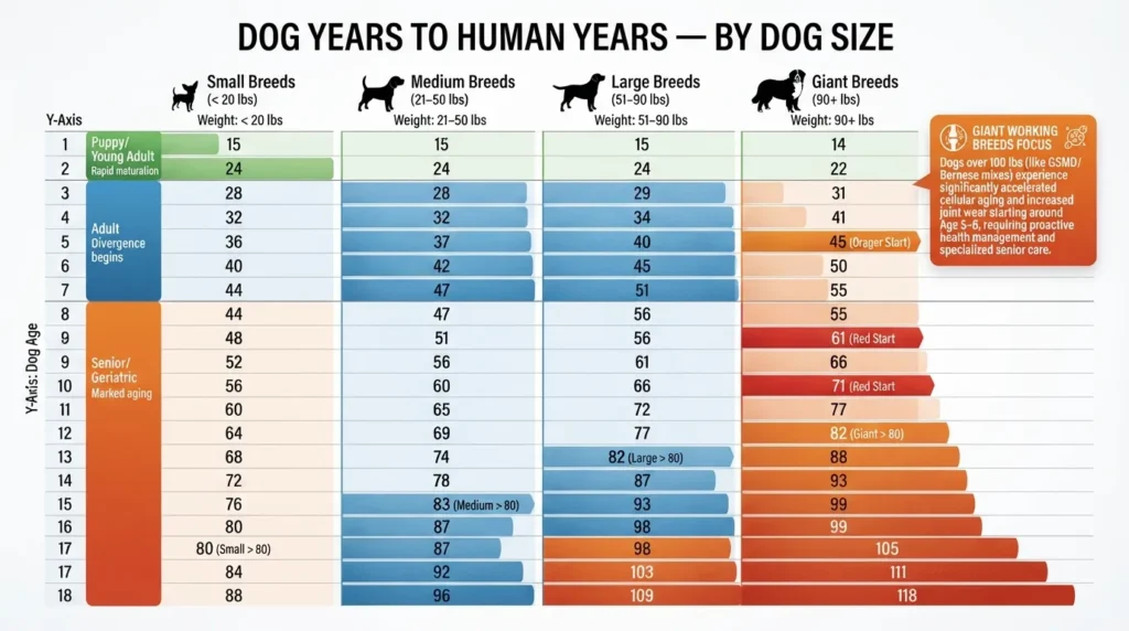 Dog age conversion chart comparing dog years to human years across small, medium, large, and giant breed categories up to 18 dog years.