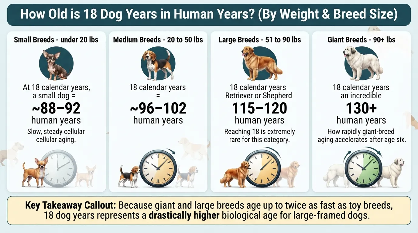 Age comparison chart showing 18 dog years in human years for small, medium, large, and giant dog breeds.