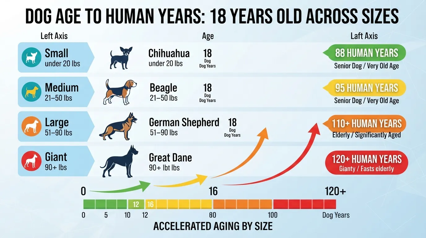A comparison chart showing how 18 dog years equals different human ages across small, medium, large, and giant dog breeds.