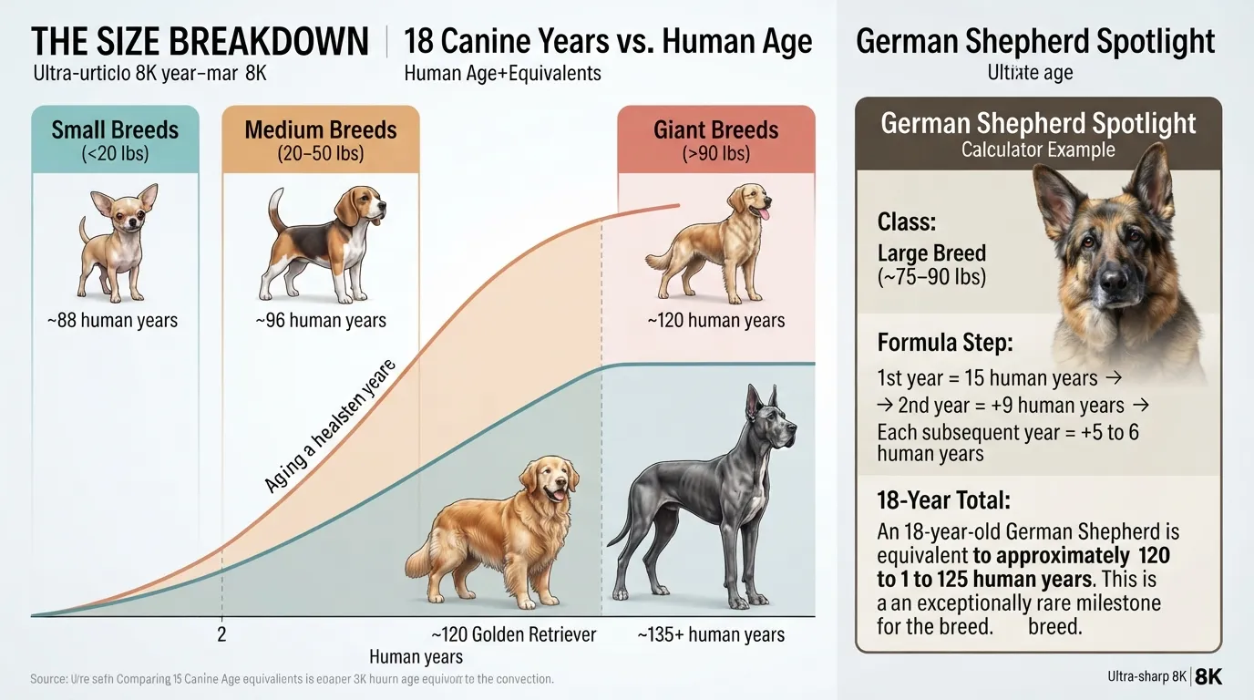 Comparison chart showing 18 dog years in human years categorized by small, medium, large, and giant dog sizes, featuring a German Shepherd calculation example.