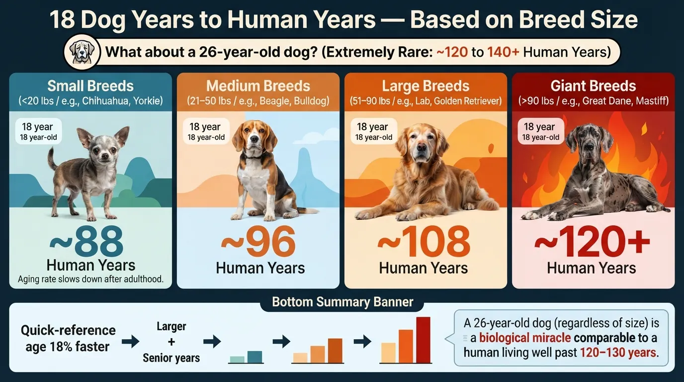 Comprehensive chart showing how 18 dog years convert to human years across small, medium, large, and giant dog breeds, with special reference to an extraordinary 26-year-old dog.