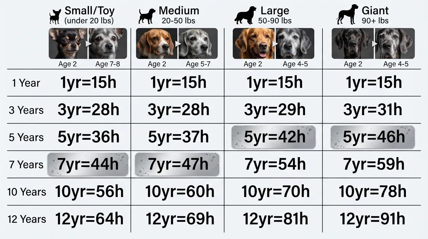 Detailed dog age conversion chart comparing dog years to human years across small, medium, large, and giant breeds, highlighting the typical age when each size group begins showing grey fur around the muzzle.