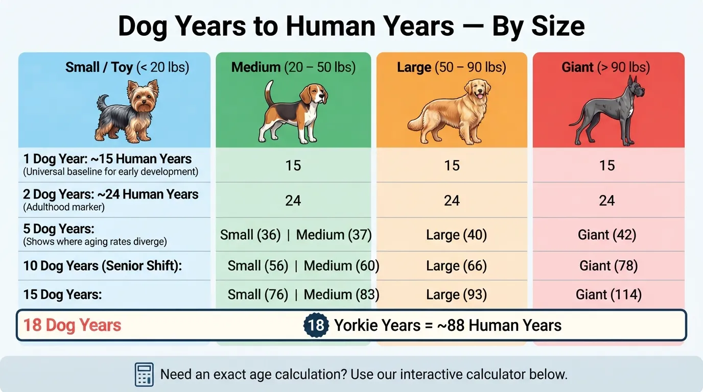 Comprehensive dog years to human years chart comparing age progression across small, medium, large, and giant dog breeds, highlighting that an 18-year-old Yorkie equals roughly 88 human years.