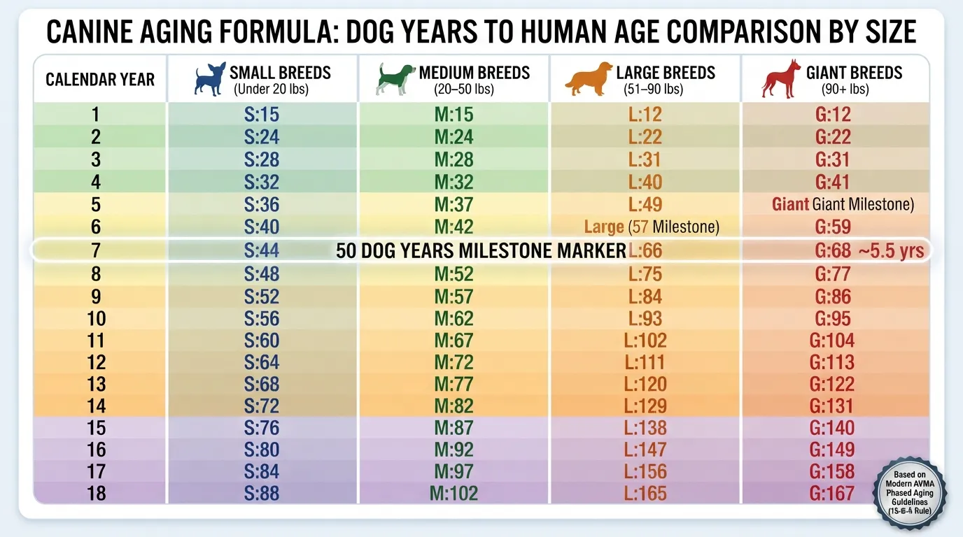 Comprehensive dog age comparison chart showing 18 calendar years converted to human years across small, medium, large, and giant dog breed sizes, highlighting the 50 dog years milestone.