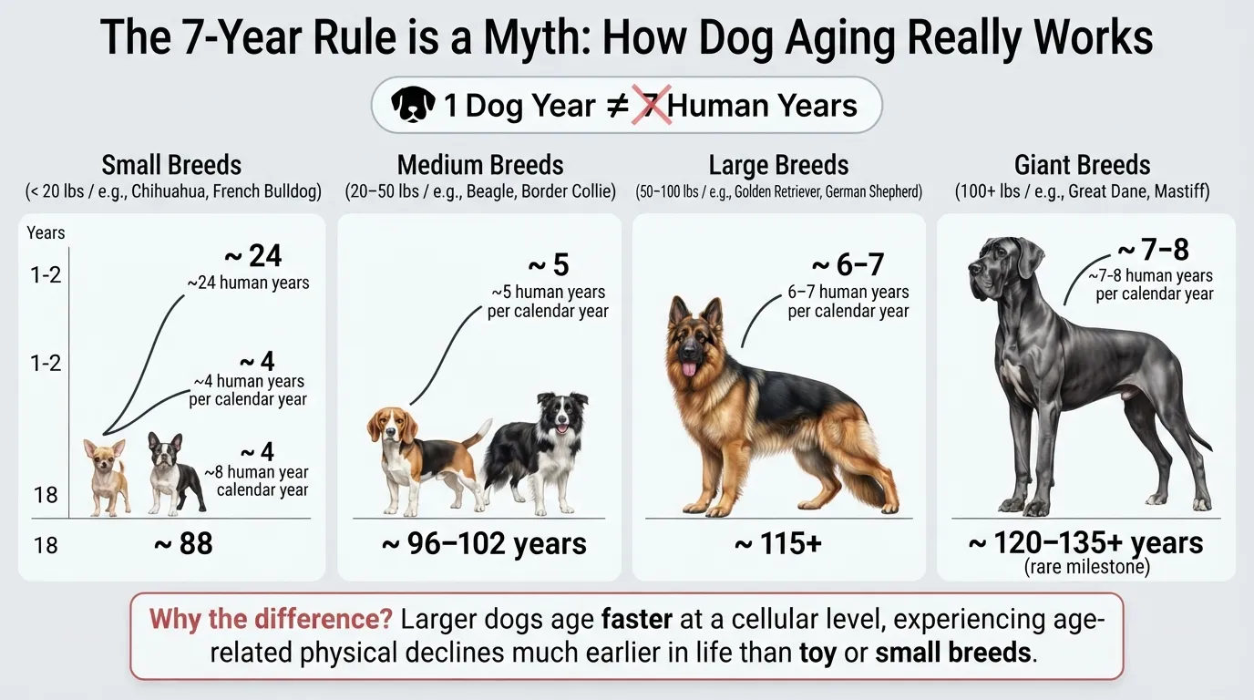 Side-by-side comparison chart showing how 18 dog years translate to human years for small, medium, large, and giant dog breeds, debunking the 7-year myth.