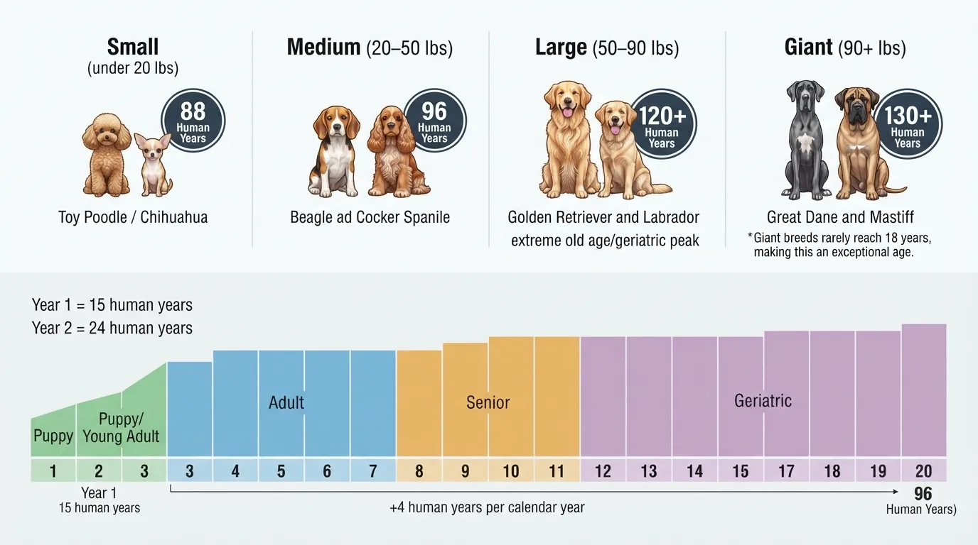 Comprehensive comparison chart showing 18 dog years in human years categorized by small, medium, large, and giant breed sizes, with a full 1 to 20 year aging scale for small dogs.