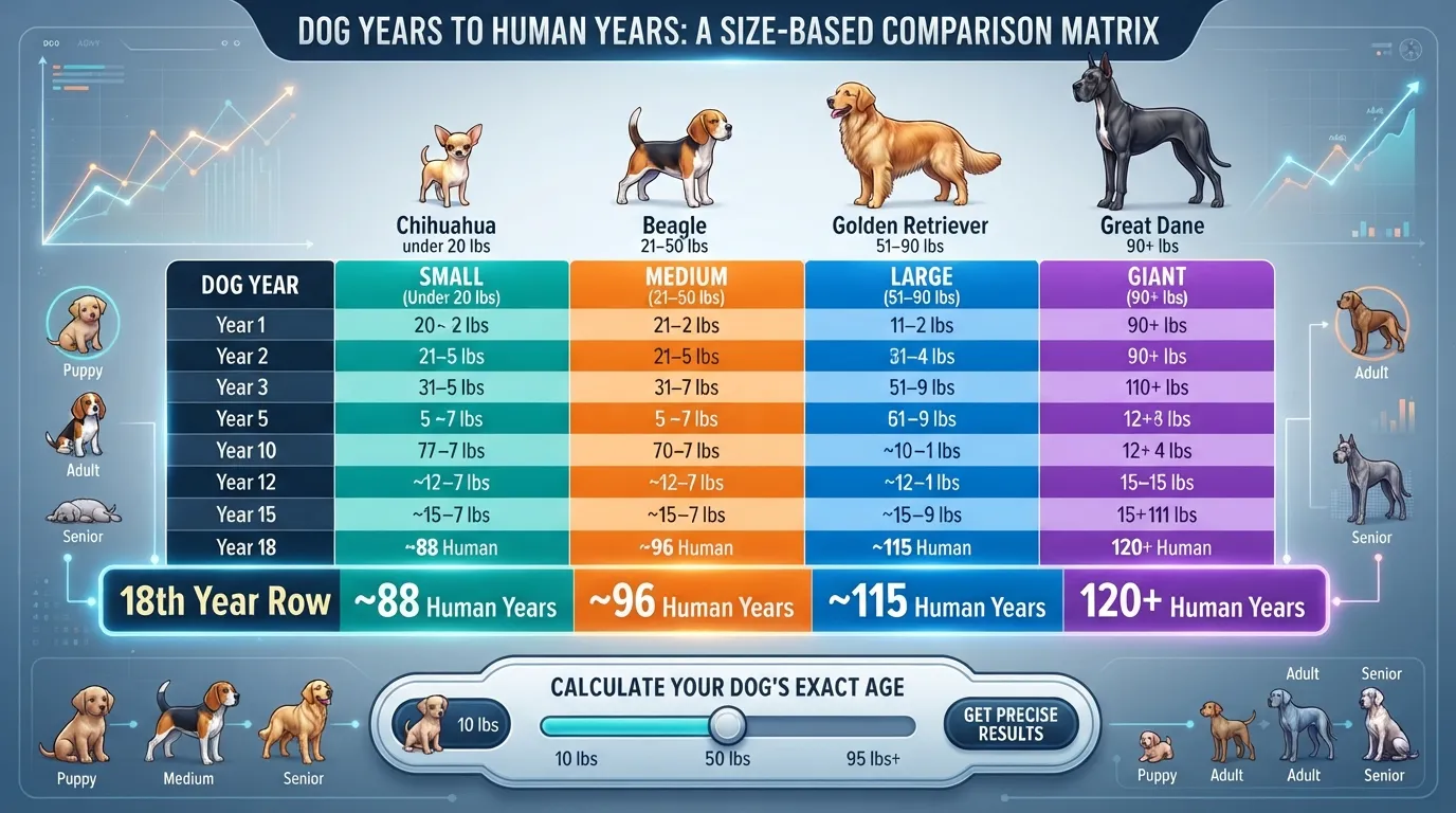 Infographic chart comparing 18 dog years to human years across small, medium, large, and giant dog breeds, showing how dog aging accelerates by size.