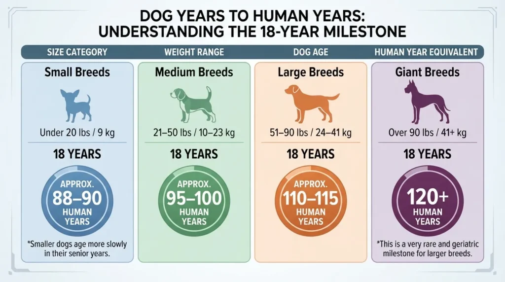 Comparison chart showing an 18-year-old dog's age in human years across small, medium, large, and giant breed sizes.