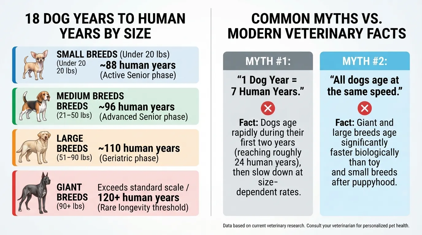 Comparison chart showing 18 dog years in human years categorized by small, medium, large, and giant breed sizes, debunking common canine aging myths.