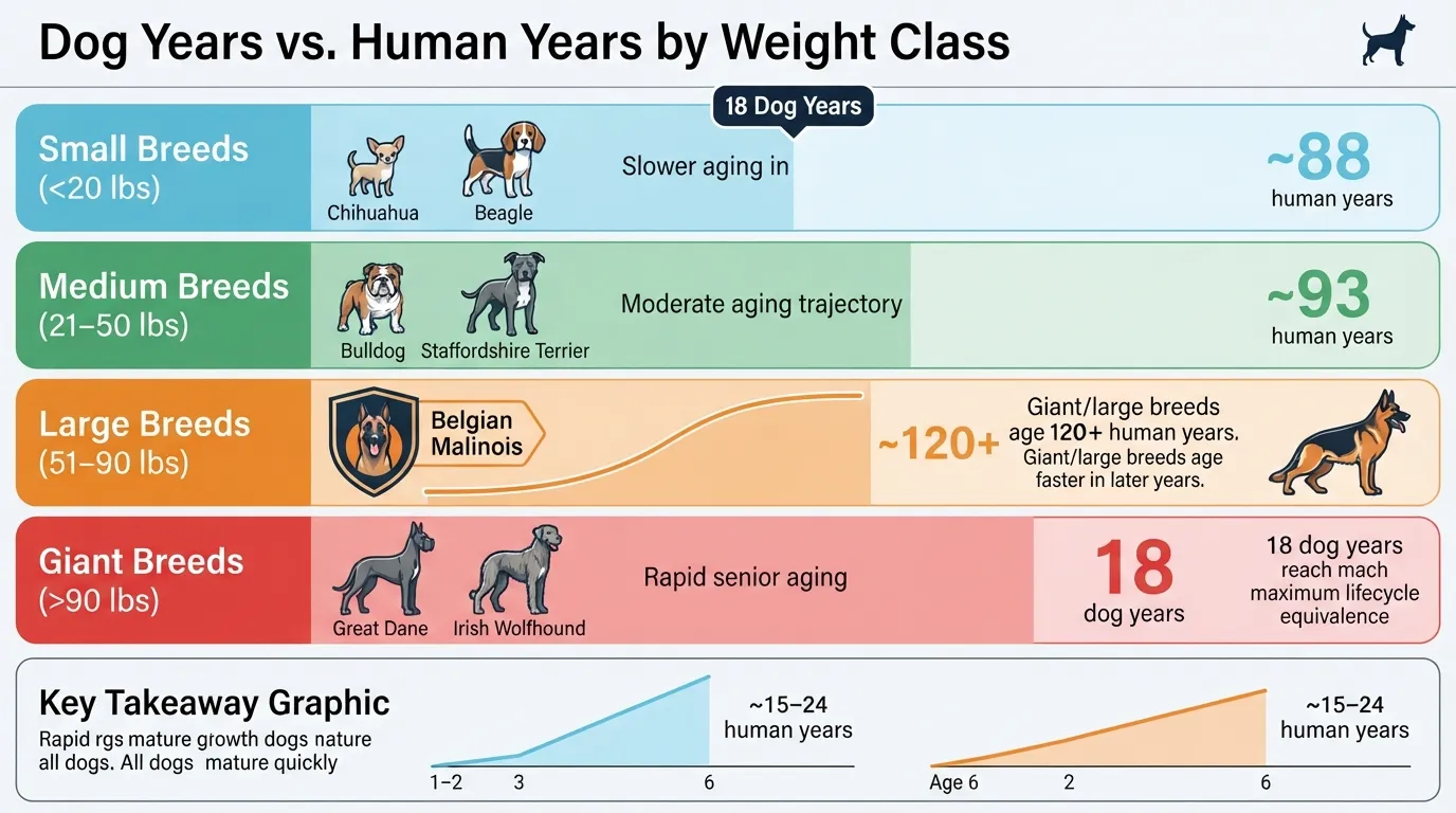A clear dog years to human years conversion chart comparing aging rates across small, medium, large, and giant breeds, specifically highlighting 18 dog years and the Belgian Malinois growth curve.