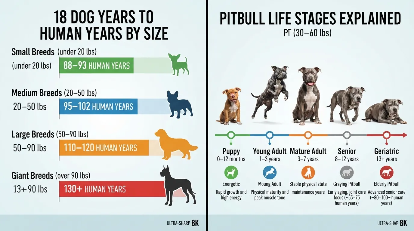 A comprehensive age conversion chart comparing dog years to human years across small, medium, large, and giant breeds at 18 years old, alongside a visual timeline of a Pitbull's key life stages from puppyhood to senior years.