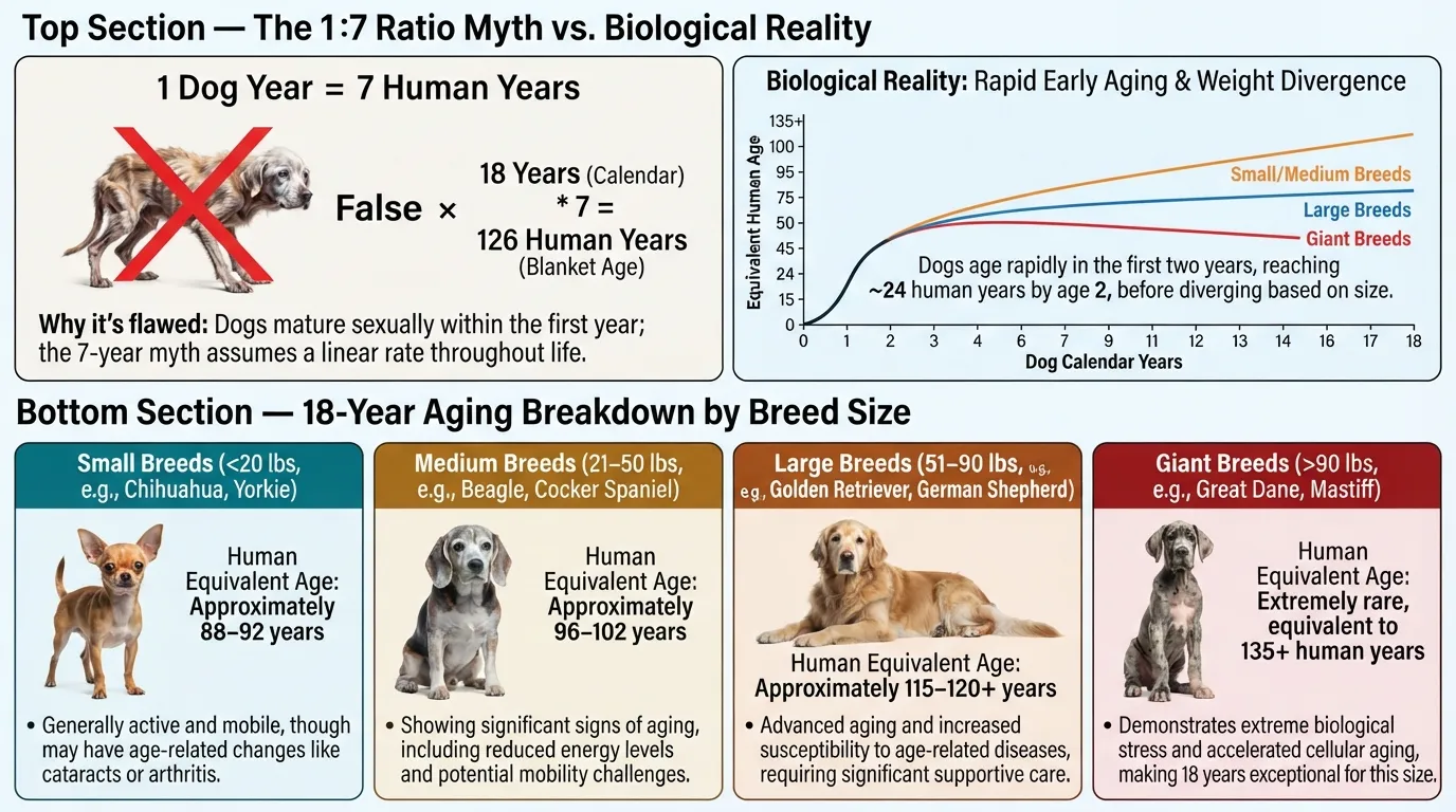 Infographic chart comparing how 18 dog years convert to equivalent human years across small, medium, large, and giant dog breeds, debunking the traditional 1-to-7 ratio rule.