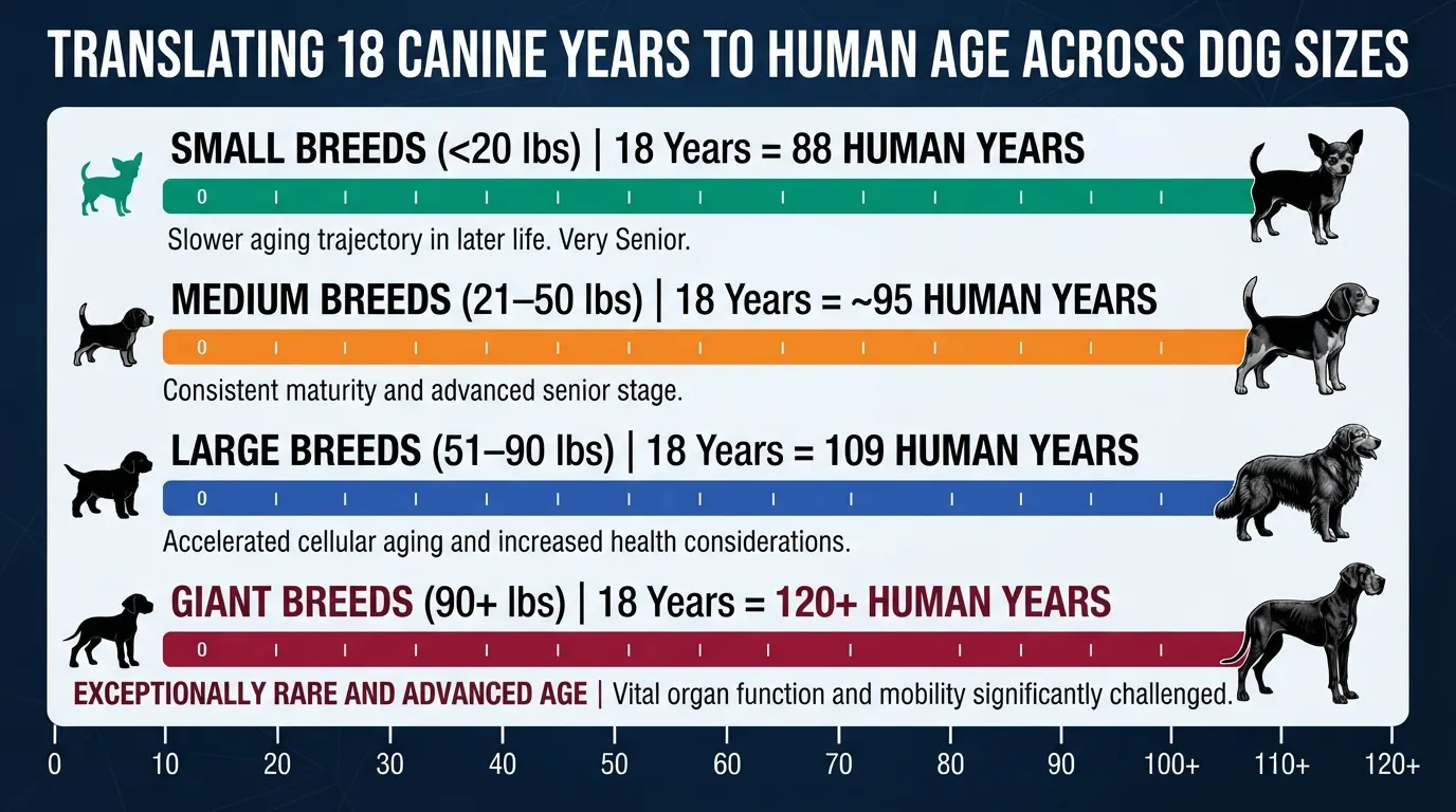 Comprehensive conversion chart comparing 18 dog years to human years across small, medium, large, and giant breed sizes.